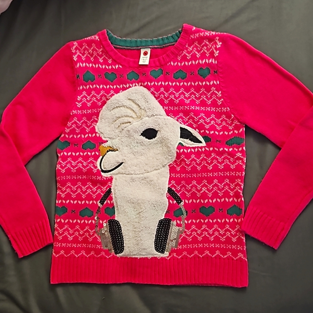 Pink DJ Llama "Ugly Christmas" Sweater with Green Hearts and Sequin